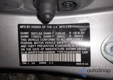 2018 Honda Civic Sport z USA, uszkodzony, nr VIN SHHFK7H49JU408440